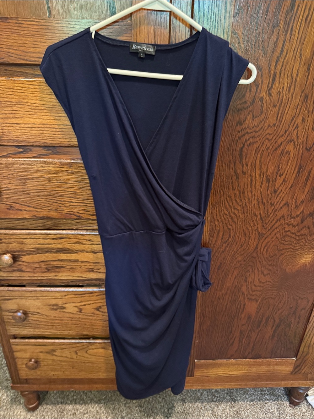 Berydress Navy Faux-Wrap Midi Dress with Side Knot